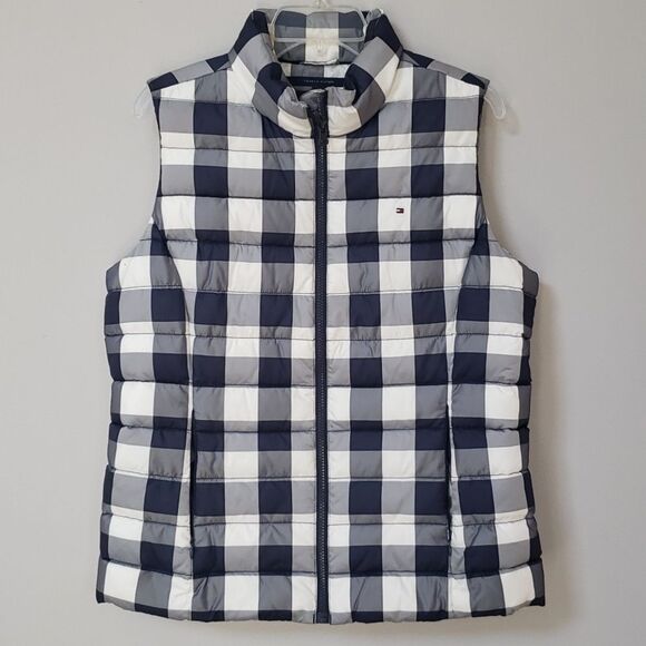 Tommy Hilfiger Vest Womens sz Large Zip Puffer Navy Blue White Plaid Preppy - Picture 1 of 5